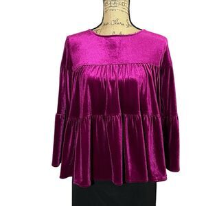 LaRoque Sz S Velvet Top‎ Babydoll Bell Sleeve Boho Peasant Button Up Back Bold